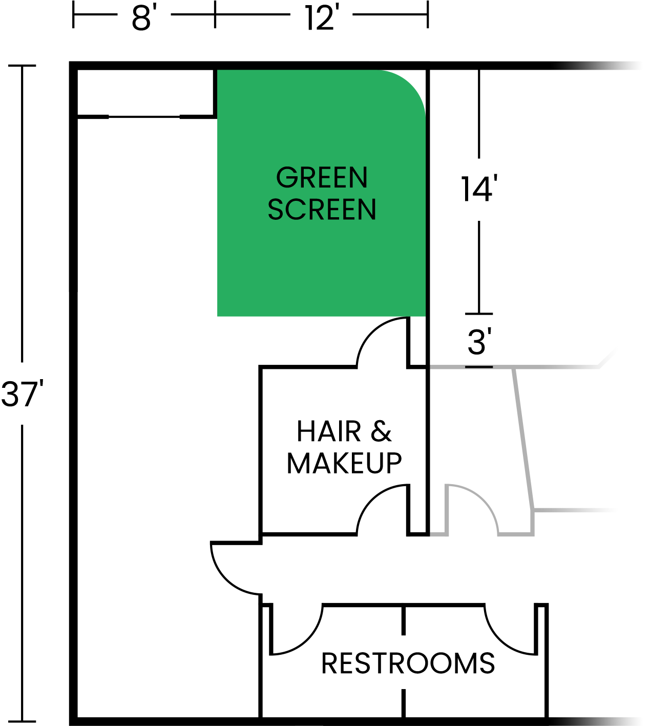 CMR Studios floorplan with 12' x 14' green screen stage
